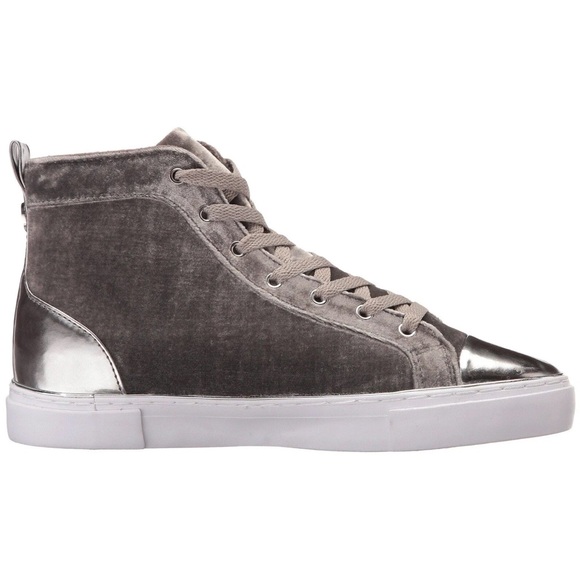 $109 Guess Women’s G Force Beaded High Top Velvet Sneakers Light Grey - Picture 3 of 6